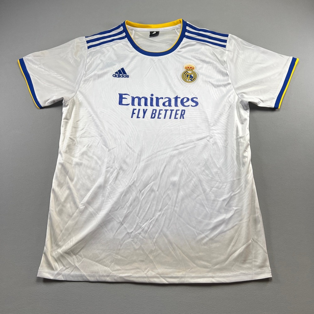 Adidas Real Madrid Home Jersey Mens Large White Blue Yellow Soccer Emirates Logo